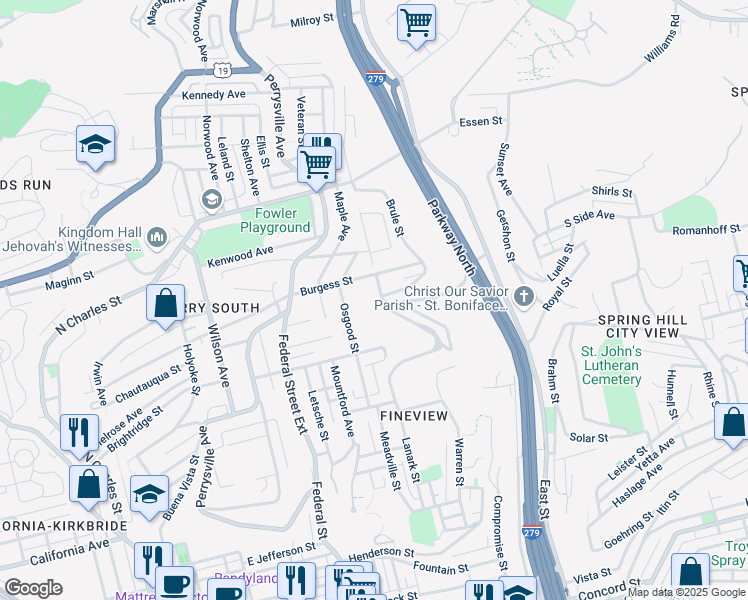 map of restaurants, bars, coffee shops, grocery stores, and more near 2314 Osgood Street in Pittsburgh