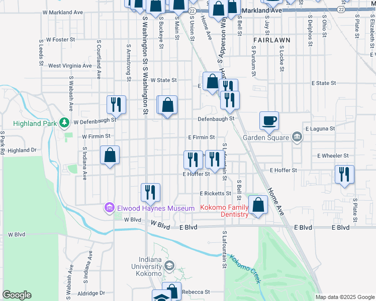 map of restaurants, bars, coffee shops, grocery stores, and more near 1701 South Union Street in Kokomo