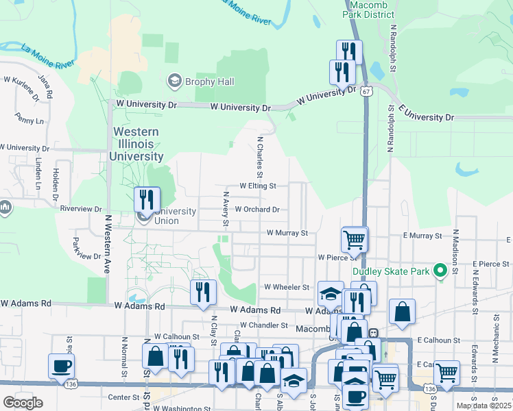 map of restaurants, bars, coffee shops, grocery stores, and more near 514 West Orchard Drive in Macomb