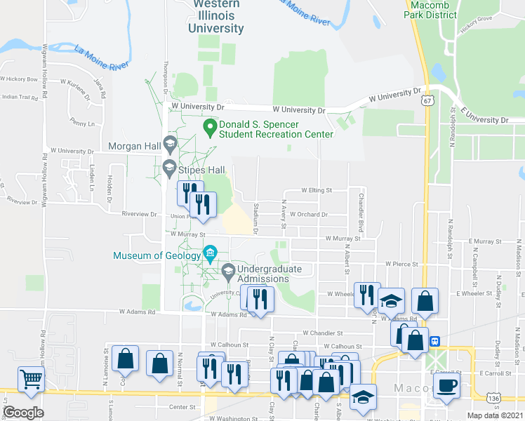map of restaurants, bars, coffee shops, grocery stores, and more near 630 West Orchard Drive in Macomb
