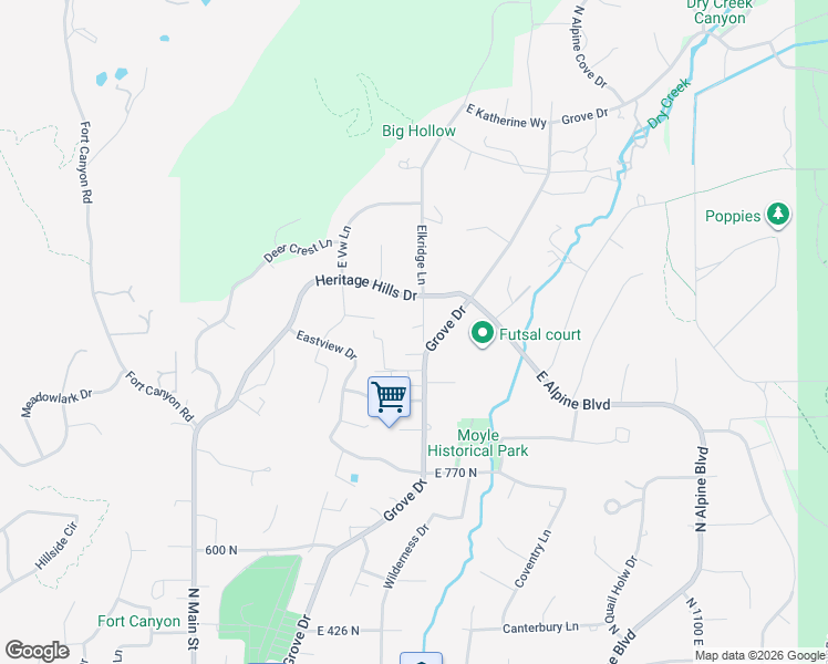 map of restaurants, bars, coffee shops, grocery stores, and more near 1035 Grove Drive in Alpine