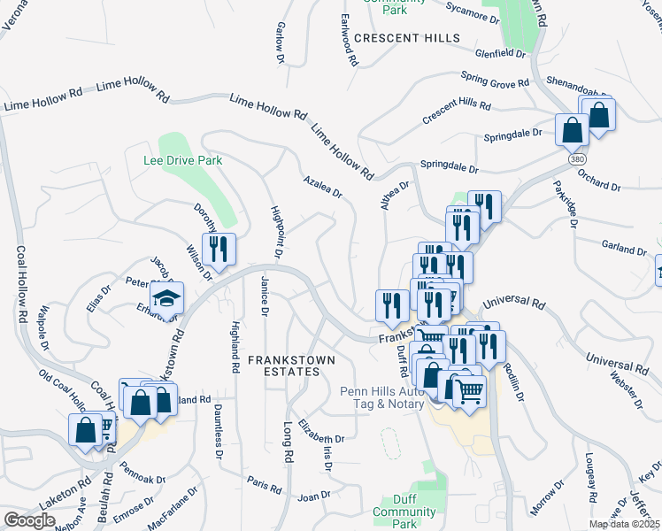 map of restaurants, bars, coffee shops, grocery stores, and more near 11401 Althea Drive in Pittsburgh