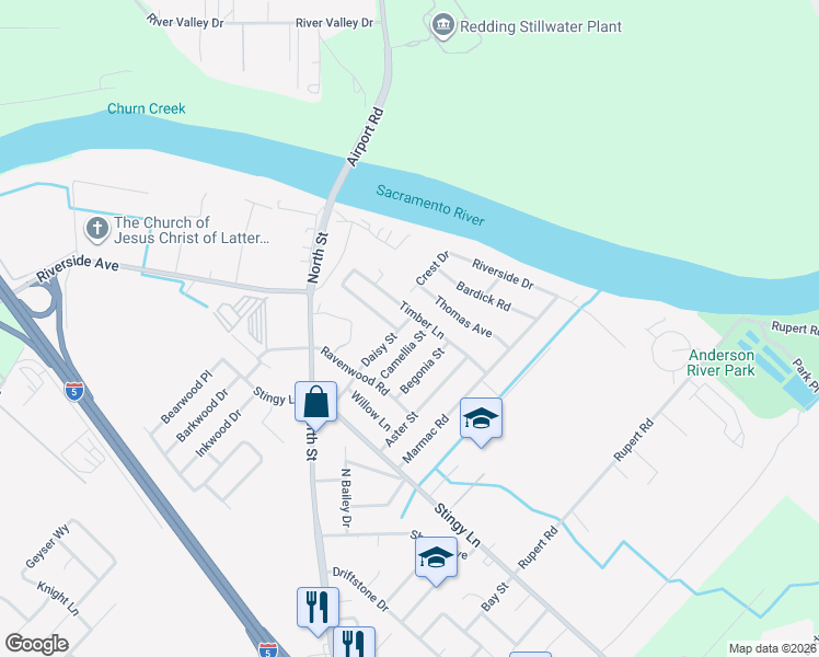 map of restaurants, bars, coffee shops, grocery stores, and more near 3250 Camellia Street in Anderson