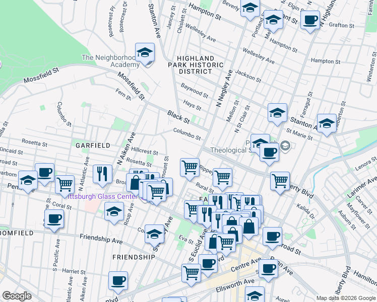 map of restaurants, bars, coffee shops, grocery stores, and more near in Pittsburgh