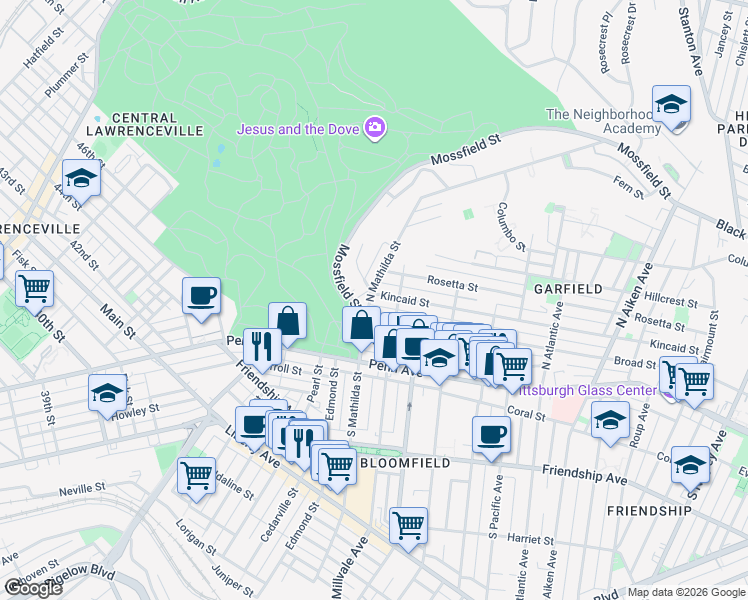 map of restaurants, bars, coffee shops, grocery stores, and more near 4815 Broad Street in Pittsburgh
