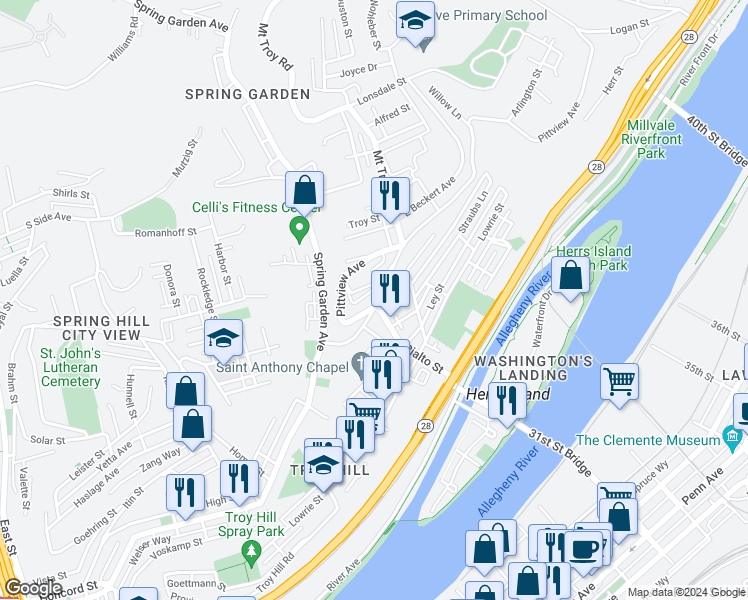 map of restaurants, bars, coffee shops, grocery stores, and more near 1827 Rialto Street in Pittsburgh