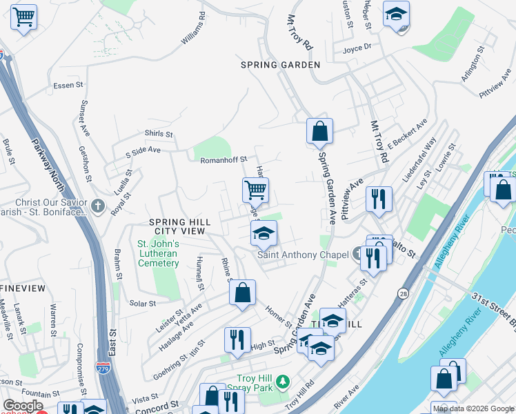 map of restaurants, bars, coffee shops, grocery stores, and more near 1342 Rescue Street in Pittsburgh