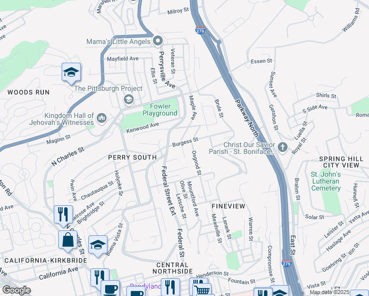 map of restaurants, bars, coffee shops, grocery stores, and more near 2325 Maple Avenue in Pittsburgh