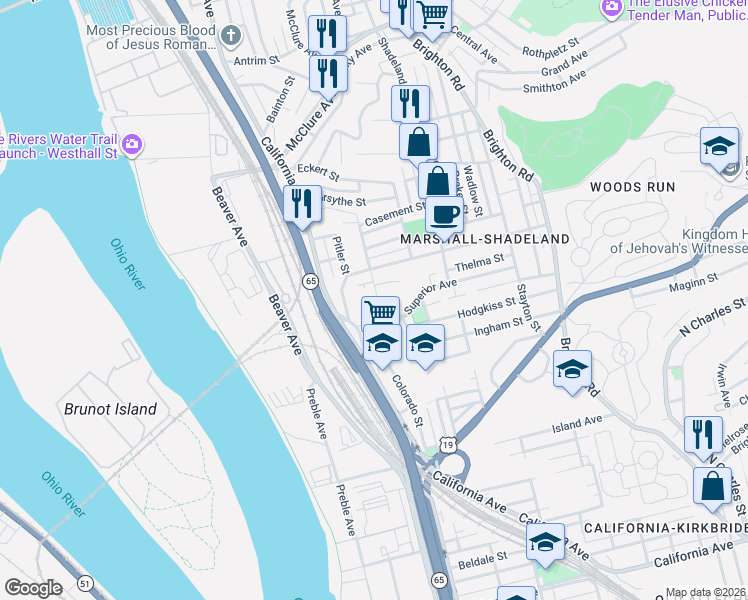 map of restaurants, bars, coffee shops, grocery stores, and more near 1506 Superior Avenue in Pittsburgh