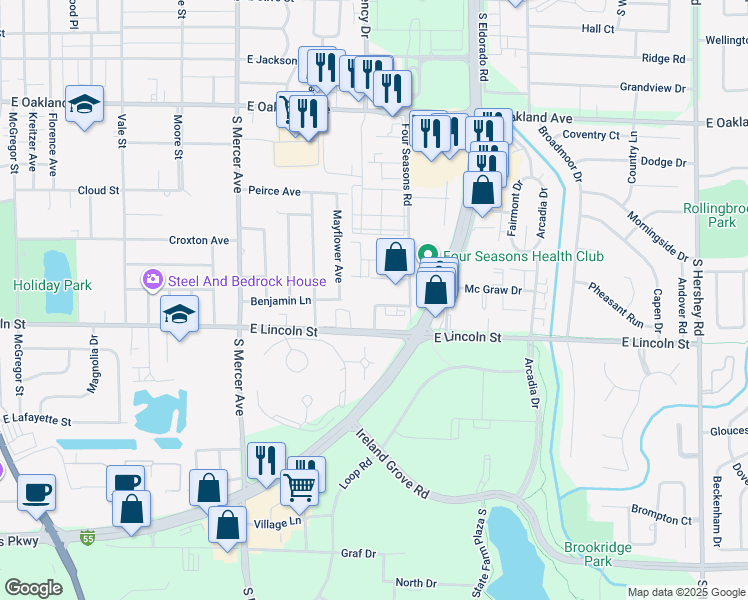 map of restaurants, bars, coffee shops, grocery stores, and more near 2218 E Lincoln St in Bloomington