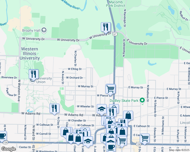 map of restaurants, bars, coffee shops, grocery stores, and more near 129 Chandler Boulevard in Macomb