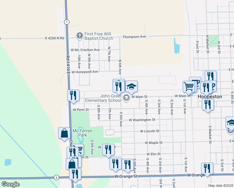 map of restaurants, bars, coffee shops, grocery stores, and more near 701-799 West Main Street in Hoopeston