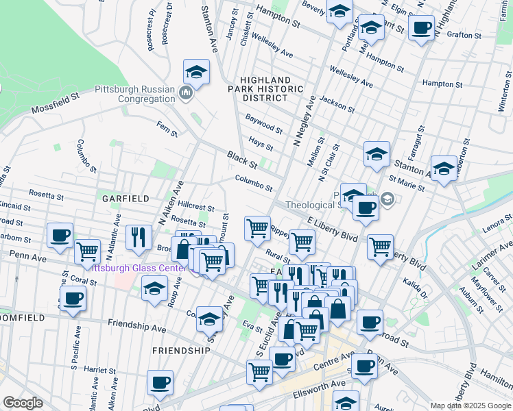 map of restaurants, bars, coffee shops, grocery stores, and more near in Pittsburgh