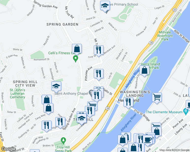 map of restaurants, bars, coffee shops, grocery stores, and more near 1827 Rialto Street in Pittsburgh