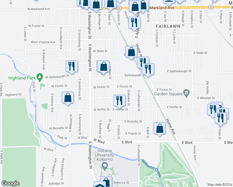 map of restaurants, bars, coffee shops, grocery stores, and more near 1625 South Union Street in Kokomo