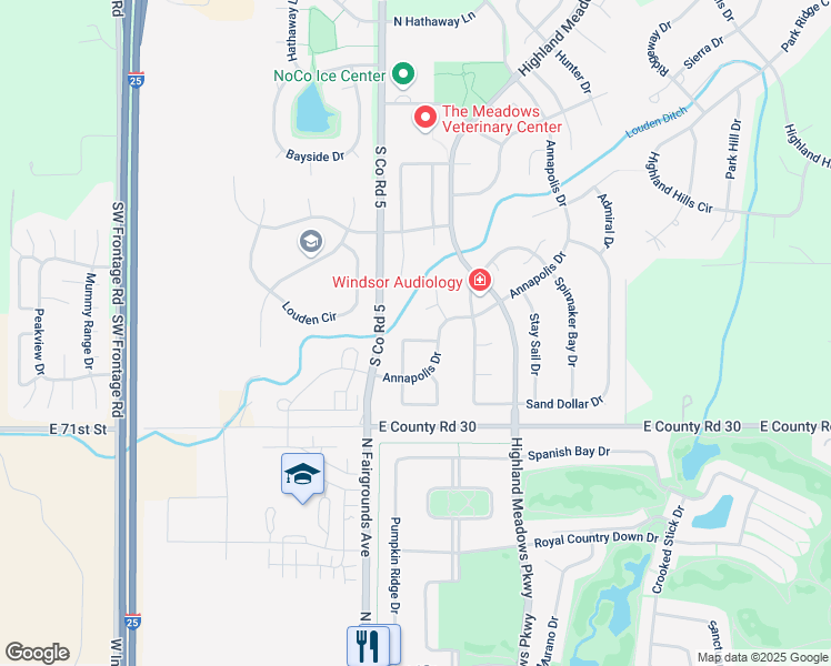 map of restaurants, bars, coffee shops, grocery stores, and more near 8371 Castaway Drive in Windsor