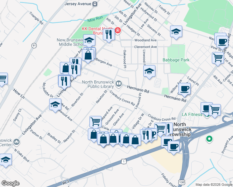 map of restaurants, bars, coffee shops, grocery stores, and more near 826 Cranbury Cross Road in North Brunswick Township