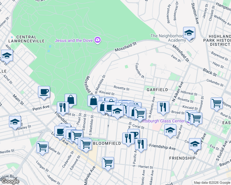 map of restaurants, bars, coffee shops, grocery stores, and more near 329 North Winebiddle Street in Pittsburgh