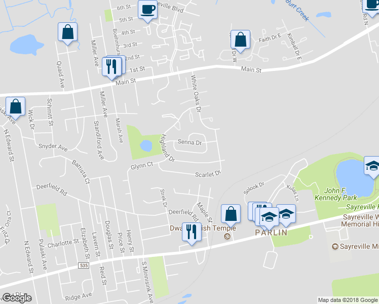 map of restaurants, bars, coffee shops, grocery stores, and more near 27 Tanbark Drive in Sayreville