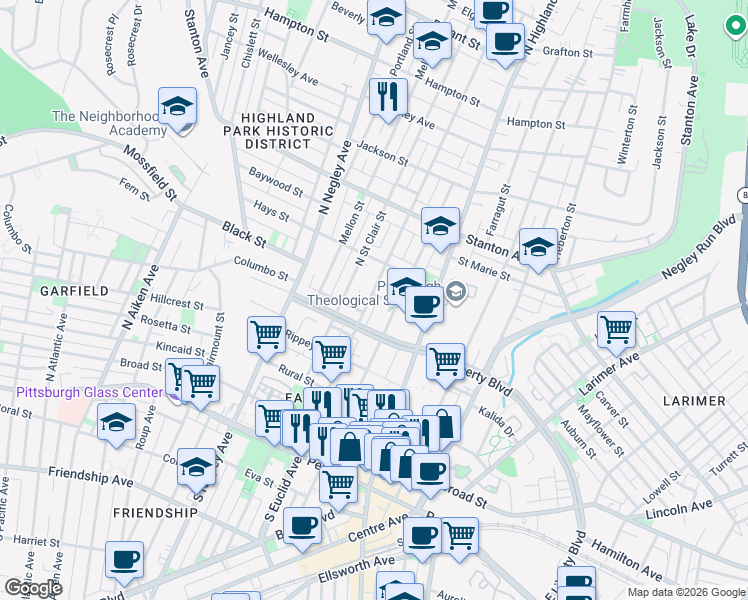 map of restaurants, bars, coffee shops, grocery stores, and more near 512 Borland Street in Pittsburgh