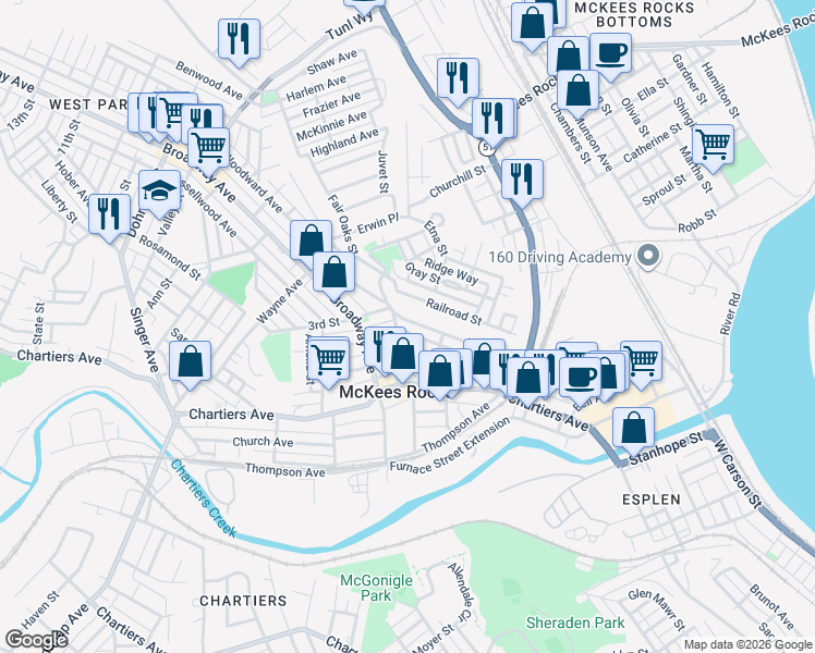 map of restaurants, bars, coffee shops, grocery stores, and more near 212 Bruce Street in McKees Rocks