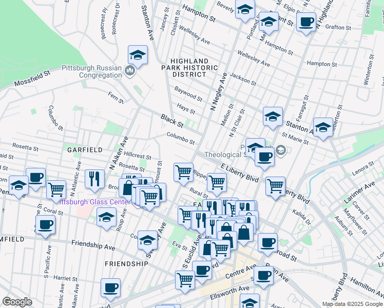 map of restaurants, bars, coffee shops, grocery stores, and more near in Pittsburgh