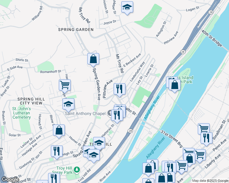 map of restaurants, bars, coffee shops, grocery stores, and more near 1827 Rialto Street in Pittsburgh