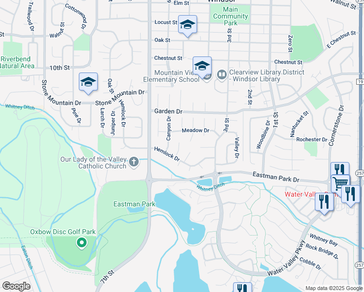map of restaurants, bars, coffee shops, grocery stores, and more near 1111 Alpine Court in Windsor