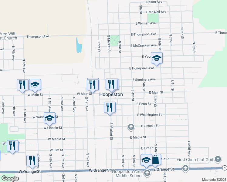 map of restaurants, bars, coffee shops, grocery stores, and more near 300 East Main Street in Hoopeston