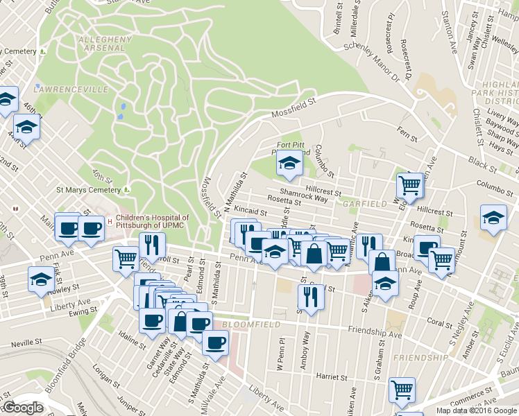 map of restaurants, bars, coffee shops, grocery stores, and more near 4915 Kincaid Street in Allegheny