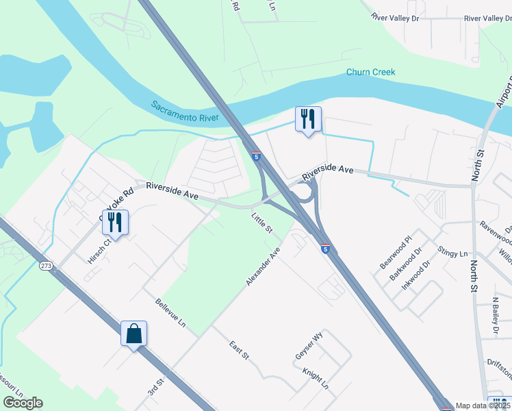 map of restaurants, bars, coffee shops, grocery stores, and more near Riverside Avenue in Anderson