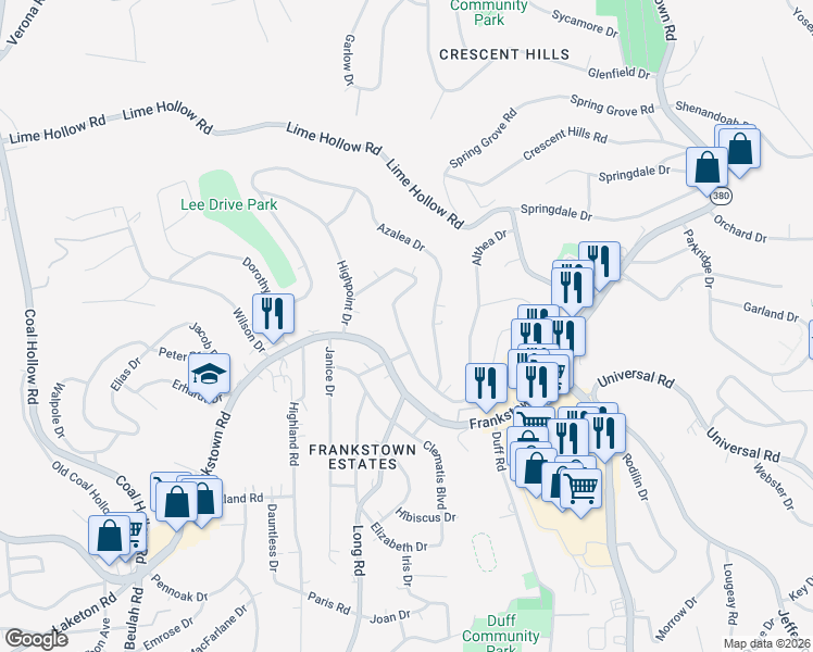 map of restaurants, bars, coffee shops, grocery stores, and more near 11401 Althea Drive in Pittsburgh