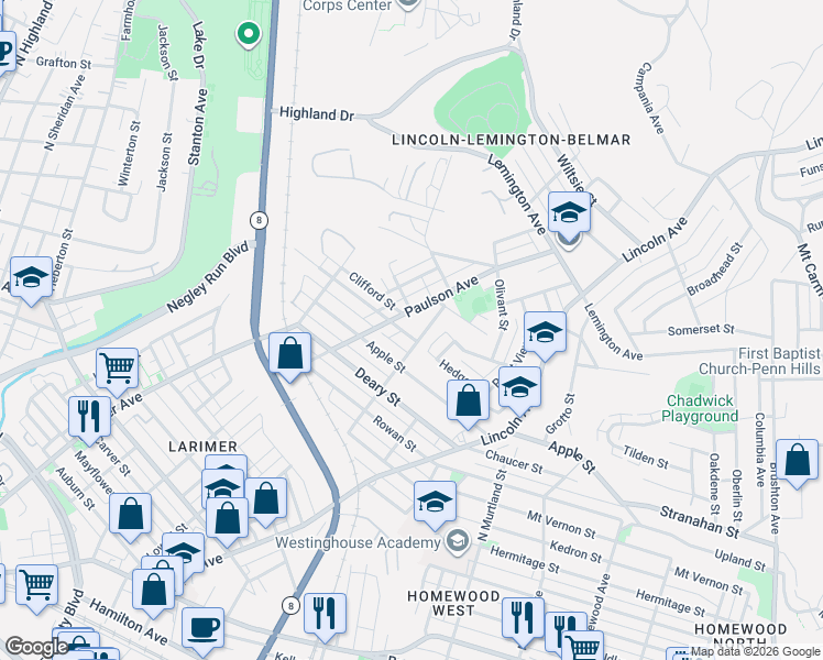 map of restaurants, bars, coffee shops, grocery stores, and more near 1201 Hyatt Street in Pittsburgh