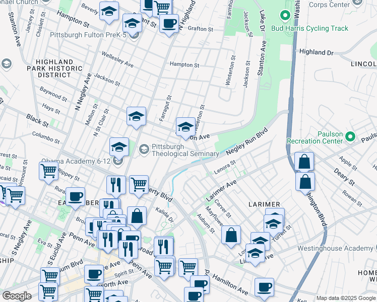 map of restaurants, bars, coffee shops, grocery stores, and more near 712 Moga Street in Pittsburgh
