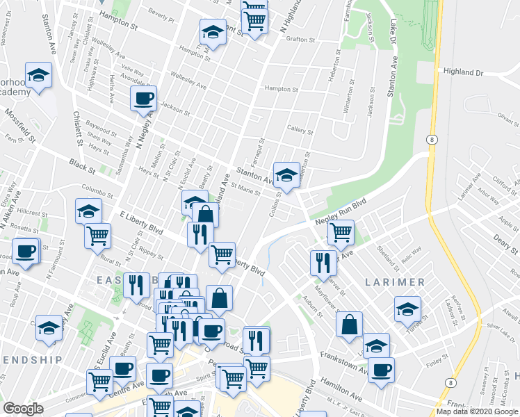 map of restaurants, bars, coffee shops, grocery stores, and more near 634 Collins Street in Pittsburgh