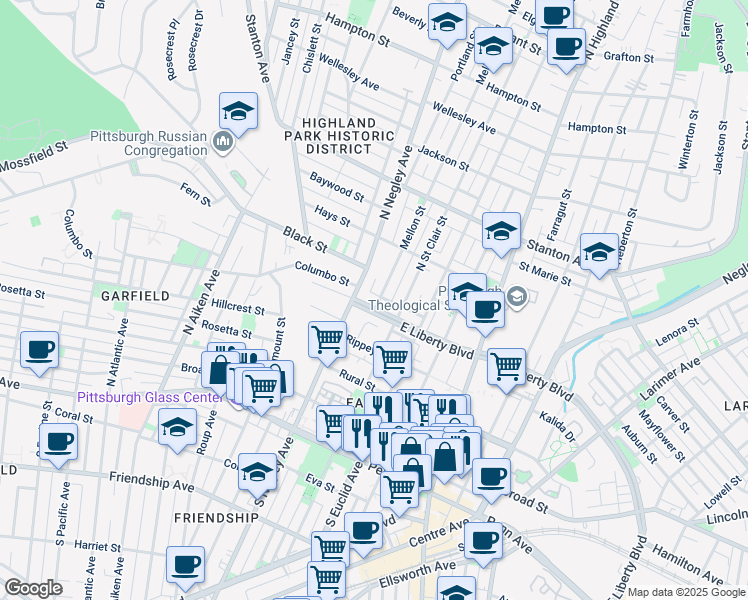 map of restaurants, bars, coffee shops, grocery stores, and more near 5684 East Liberty Boulevard in Pittsburgh