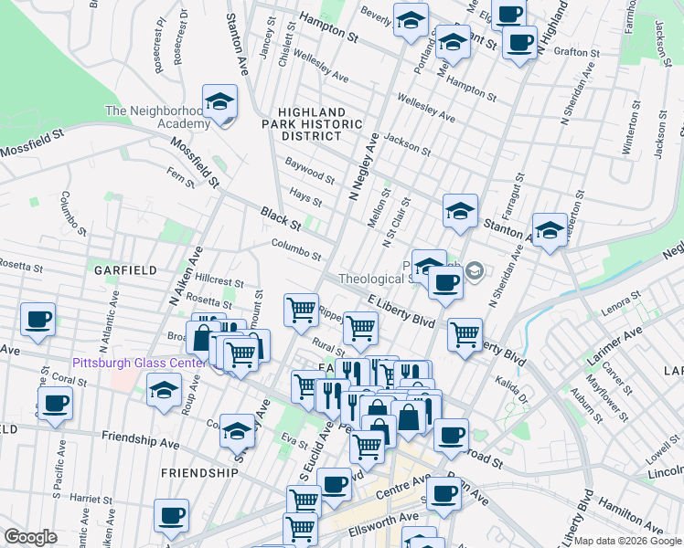 map of restaurants, bars, coffee shops, grocery stores, and more near 5684 East Liberty Boulevard in Pittsburgh