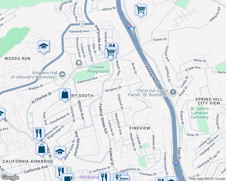 map of restaurants, bars, coffee shops, grocery stores, and more near 2325 Maple Avenue in Pittsburgh