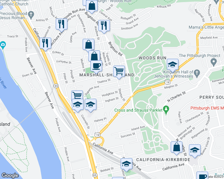 map of restaurants, bars, coffee shops, grocery stores, and more near 1237 Hodgkiss Street in Pittsburgh