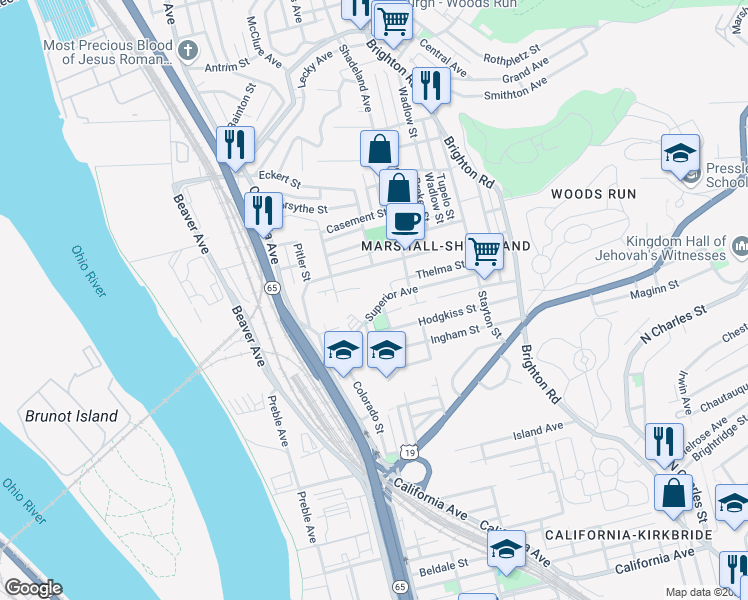 map of restaurants, bars, coffee shops, grocery stores, and more near 2608 Bartold Street in Pittsburgh