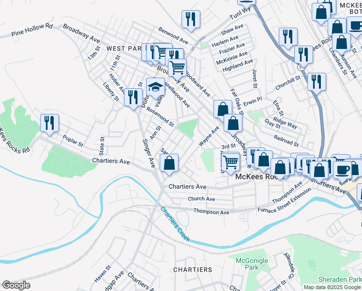 map of restaurants, bars, coffee shops, grocery stores, and more near 1234 Vine Street in McKees Rocks