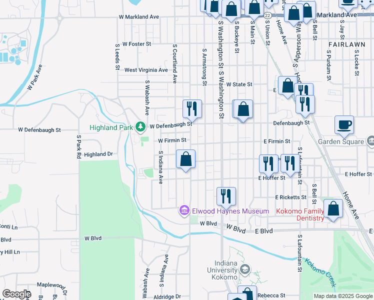 map of restaurants, bars, coffee shops, grocery stores, and more near 1622 South Webster Street in Kokomo