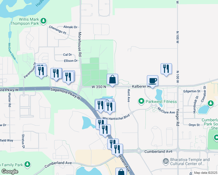 map of restaurants, bars, coffee shops, grocery stores, and more near 1511 Kalberer Road in West Lafayette