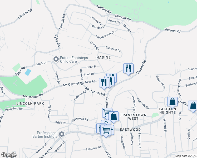 map of restaurants, bars, coffee shops, grocery stores, and more near 7940 Aber Road in Verona