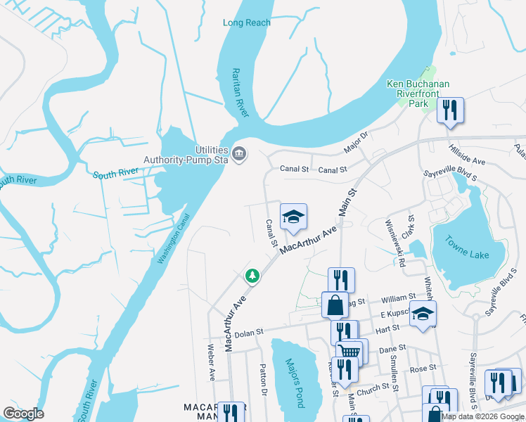 map of restaurants, bars, coffee shops, grocery stores, and more near 16 Canal Street in Sayreville