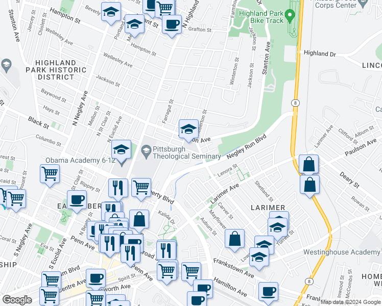 map of restaurants, bars, coffee shops, grocery stores, and more near 712 Moga Street in Pittsburgh