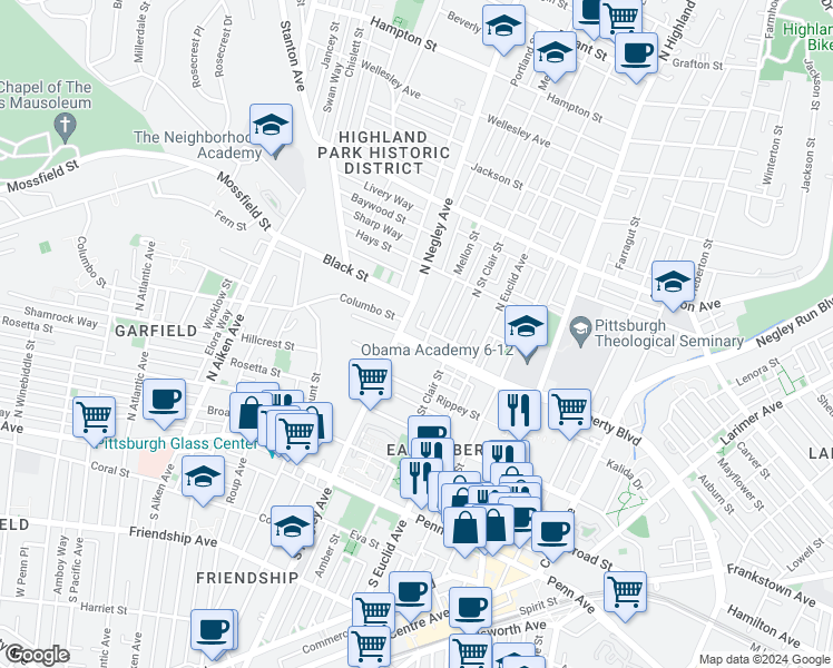 map of restaurants, bars, coffee shops, grocery stores, and more near 5684 East Liberty Boulevard in Pittsburgh