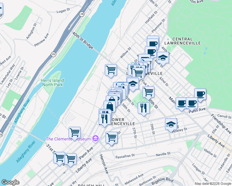 map of restaurants, bars, coffee shops, grocery stores, and more near 3728 Charlotte Street in Pittsburgh