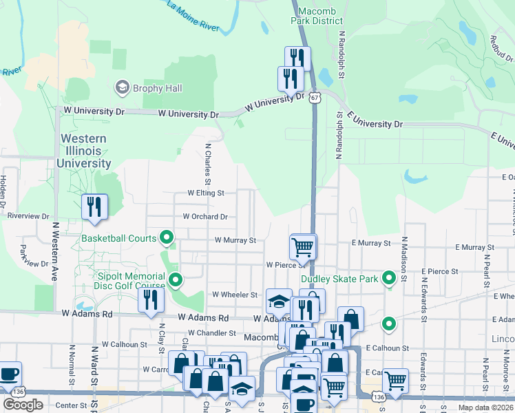 map of restaurants, bars, coffee shops, grocery stores, and more near 215 Chandler Boulevard in Macomb