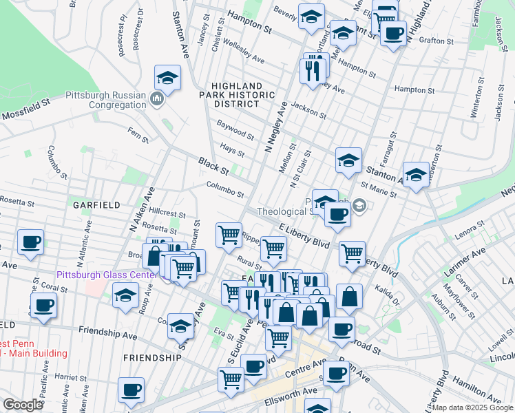 map of restaurants, bars, coffee shops, grocery stores, and more near 526 North Negley Avenue in Pittsburgh